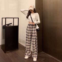 Guromo - Cropped Cardigan / Plaid Wide-Leg Pants Guromo - Cropped Cardigan / Plaid Wide-Leg Pants