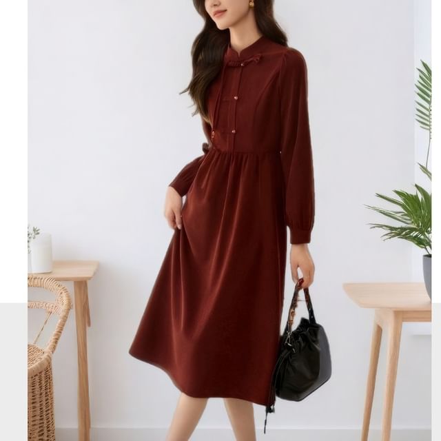 Jeonseon-Long-Sleeve Mandarin Collar Plain Frog Button Midi A-Line Dress