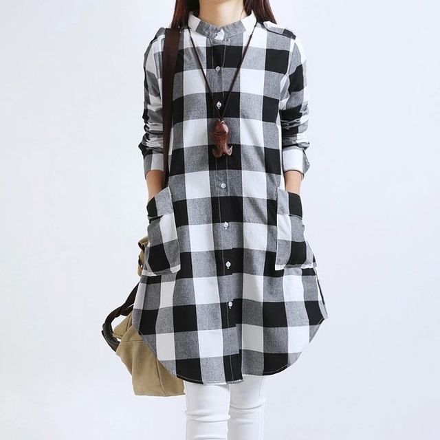 ISSOL-Long-Sleeve Gingham Tunic Shirt