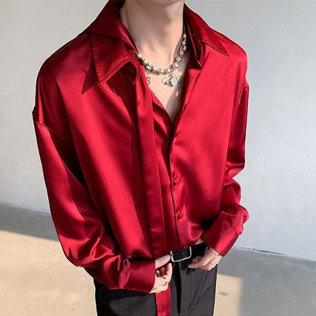Freehop-Long Sleeve Drop Shoulder Lapel Collared Plain Button Up Shirt