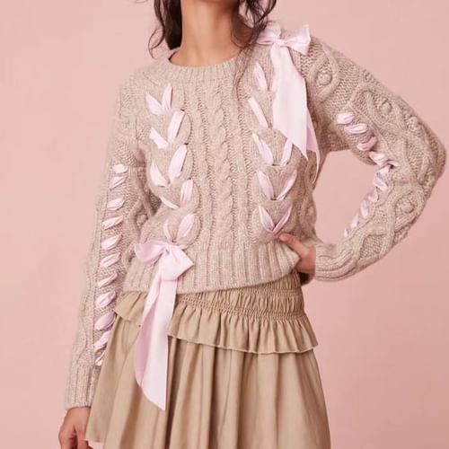 Long Sleeve Ribbon Lace-Up Cable-Knit Sweater