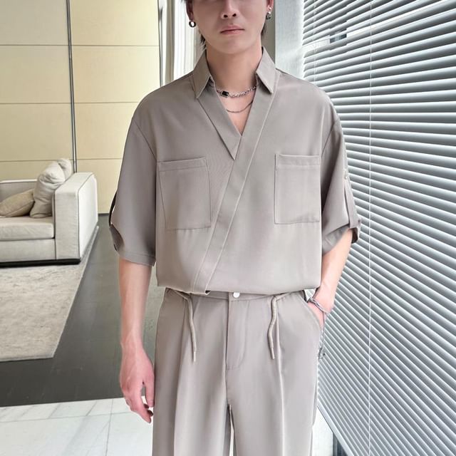 Freehop-Short Sleeve Collared V-Neck Plain Wrap Shirt