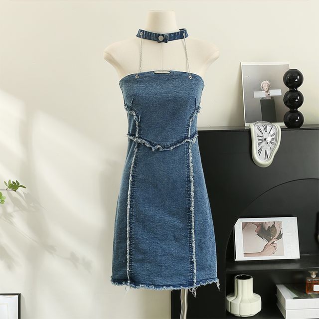 denim choker dress Women Casual Denim Dresses Patchwork Turn-Down Collar Sashes Sleeveless Mini Dresses at Amazon Women's Clothing store