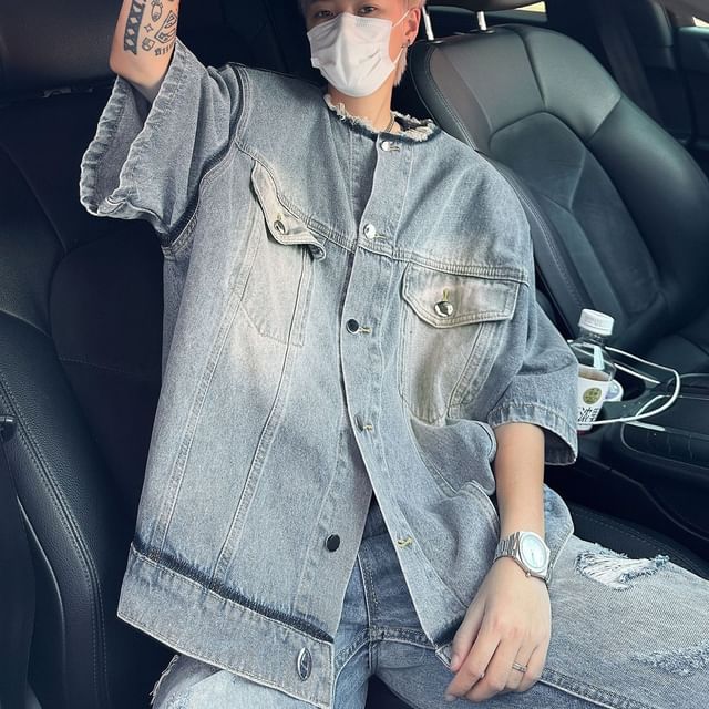Maxelane-Short-Sleeve Fringed Washed Denim Button Jacket