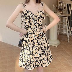 Glacia - Tie-Shoulder Floral Spaghetti Strap Dress Glacia - Tie-Shoulder Floral Spaghetti Strap Dress