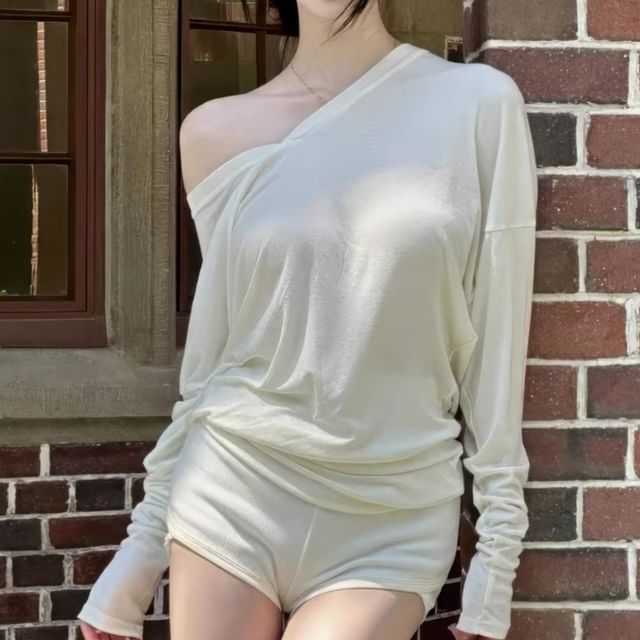 Asiris-Off Shoulder V-Neck Long Sleeve Plain Tee