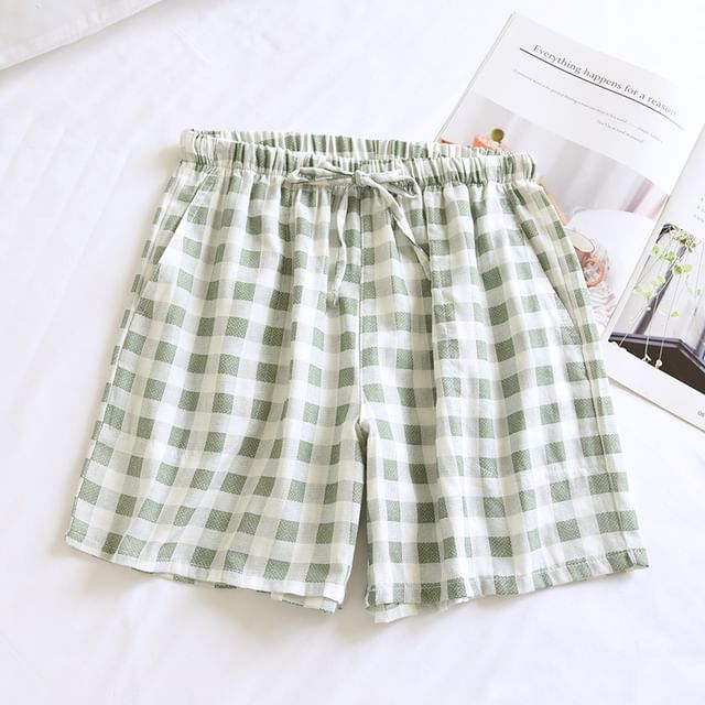Dogini-Drawstring Waist Plaid Pajama Shorts