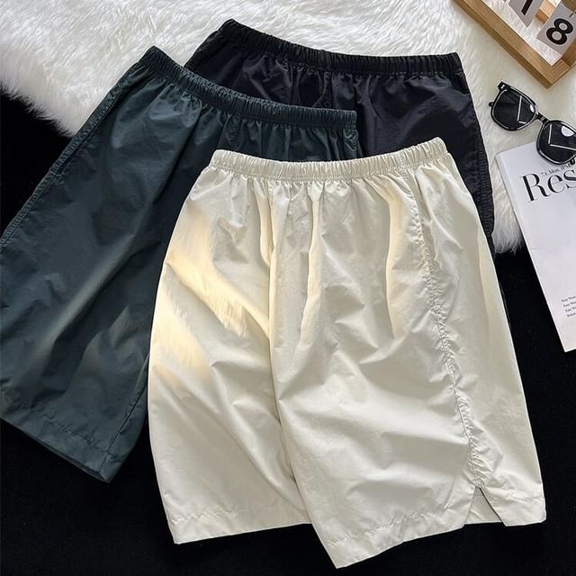 Plummie-Elastic Waist Plain Slit Wide Leg Shorts