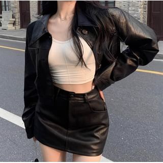 Kenning-Collar Plain Faux Leather Button Jacket High Waist Skort