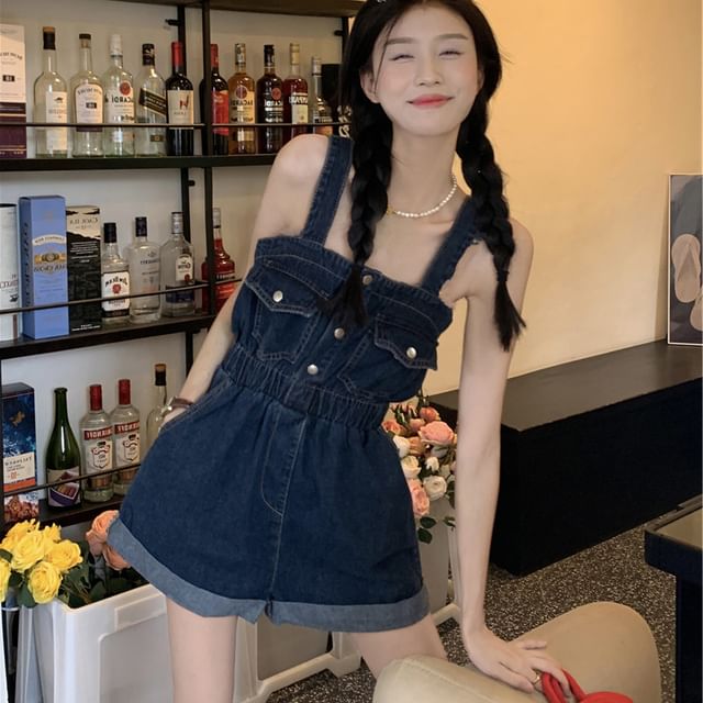 GOUB-Wide Strap Button-Up Denim Romper