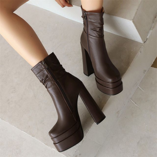 Megan-Platform High Heel Square Toe Ruched Short Boots
