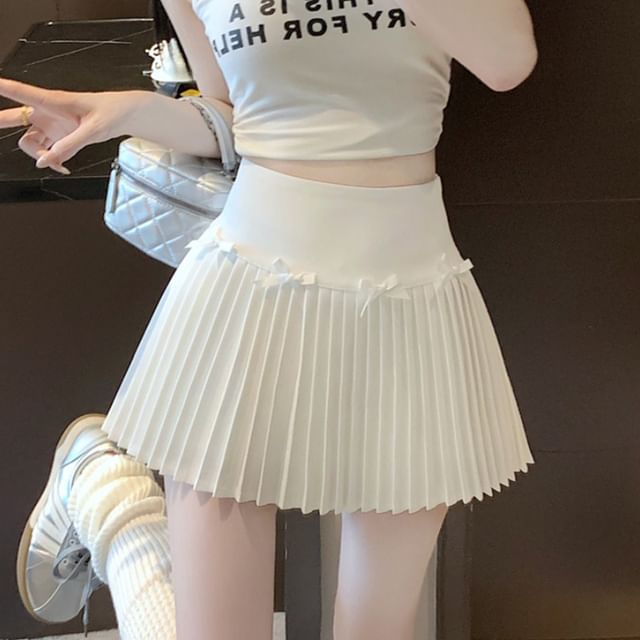 Woohan-High Waist Plain Mini Pleated Skirt