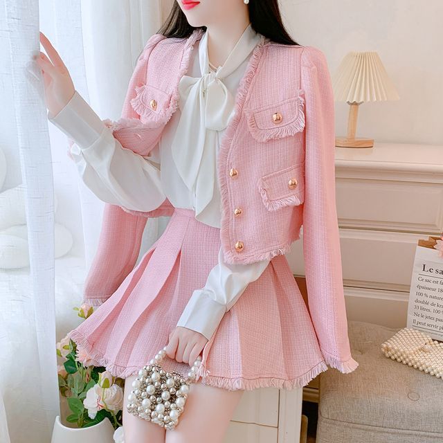 Colorvio Long-Sleeve Tie-Neck Plain Blouse V-Neck Fringed