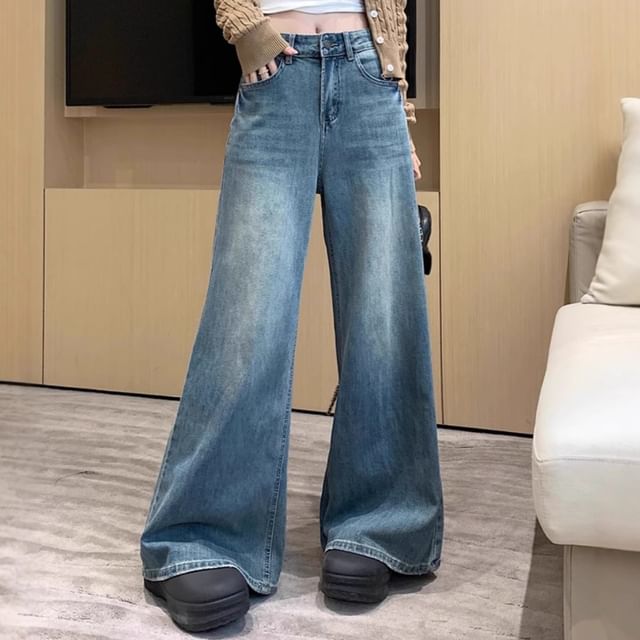 Trendycas-Mid Waist Washed Wide Leg Jeans