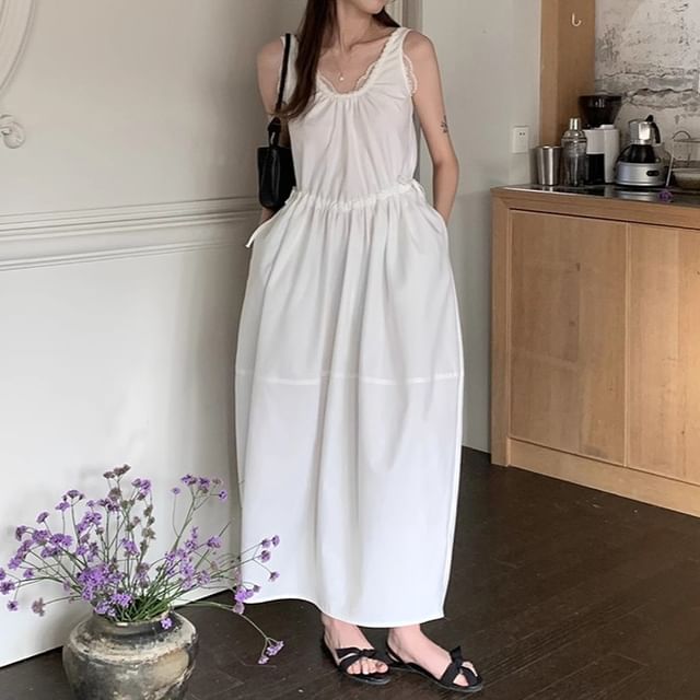Coris - Sleeveless Scoop Neck Lace Panel Drawstring Waist Maxi A-Line Dress  | YesStyle