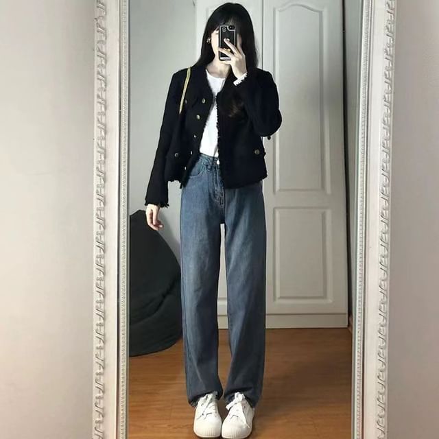 Everose-V-Neck Plain Tweed Frayed Button-Up Jacket