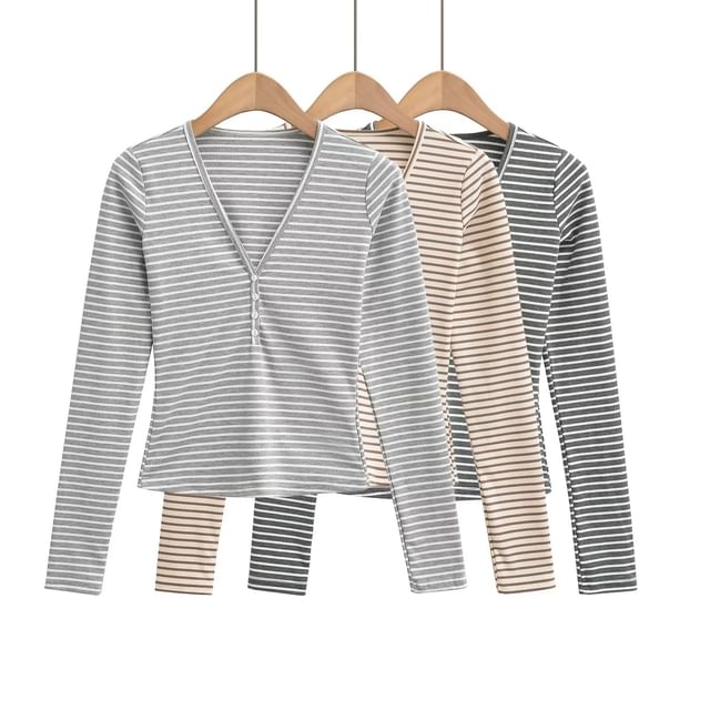Asiris-Long Sleeve V-Neck Striped Button Tee