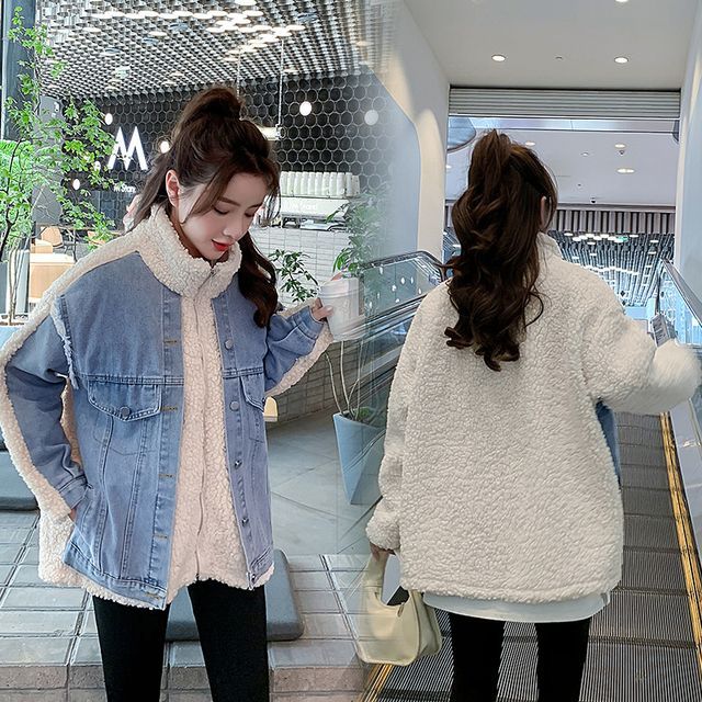 Sienne-Faux Shearling Panel Denim Jacket