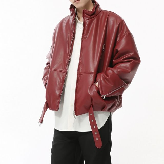 FAERIS-Faux Leather High Neck Zip-Up Jacket