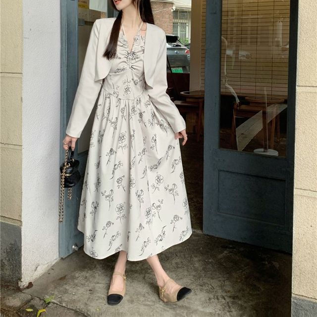 ANORA Halter-Neck Floral Print Drawstring Midi A-Line Dress