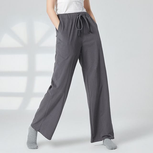 Cossita-Drawstring Waist Plain Wide Leg Pants