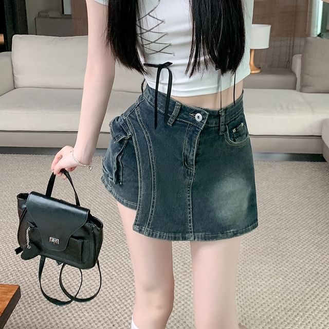 Sienne-High Waist Asymmetrical Denim Skort