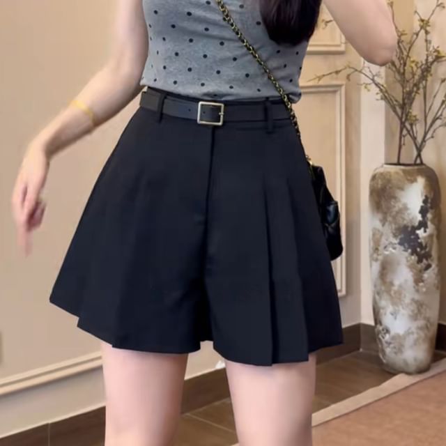 Magimomo-High Waist Plain Pleated Skort