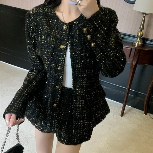 monroll-Round Neck Sequin Tweed Button Jacket Mid Rise Shorts