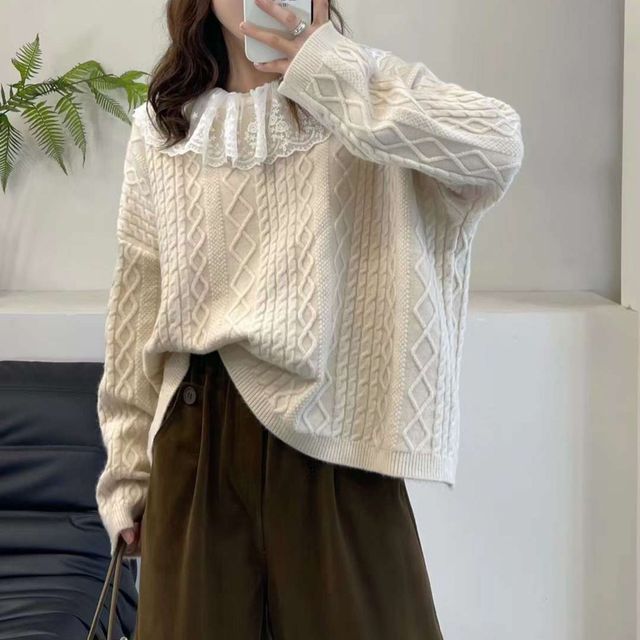 Mori Girls - Long-Sleeve Lace Collar Plain Cable Knit Sweater