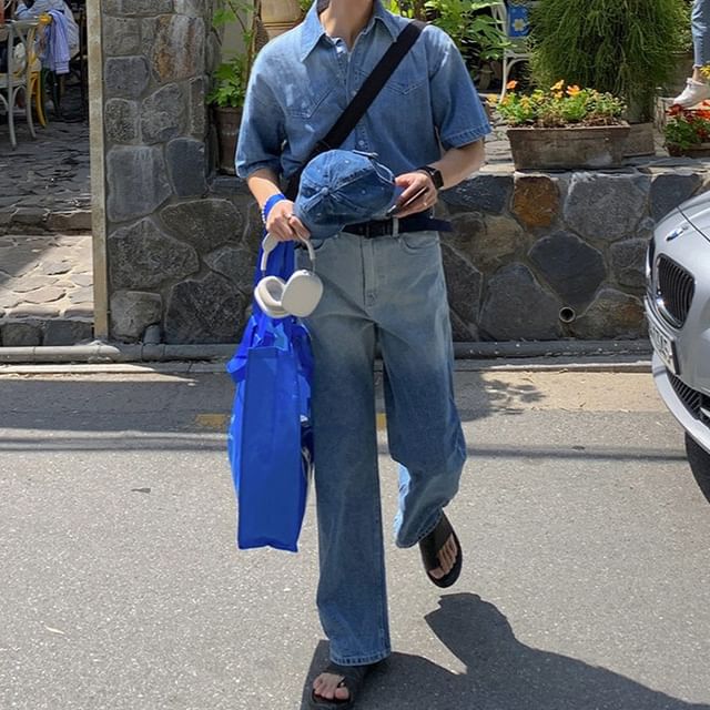 Omozando-Short-Sleeve Washed Button-Up Denim Shirt