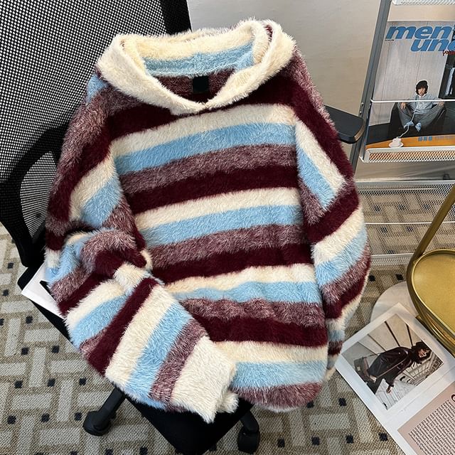 Plummie-Hooded Striped Oversized Fluffy Sweater