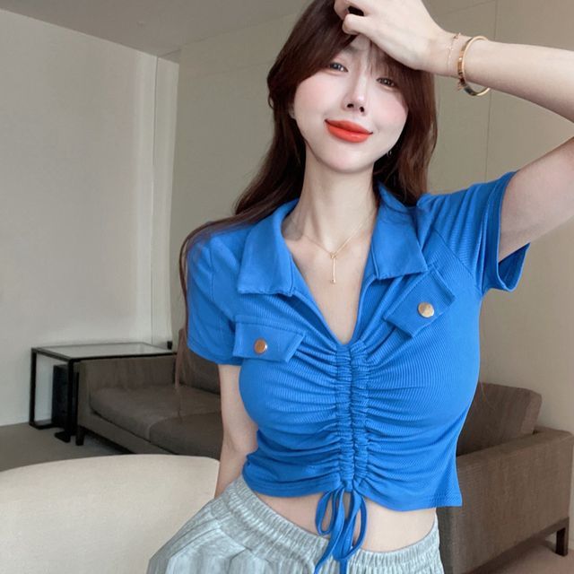 Everose-Short-Sleeve Plain Polo Shirt
