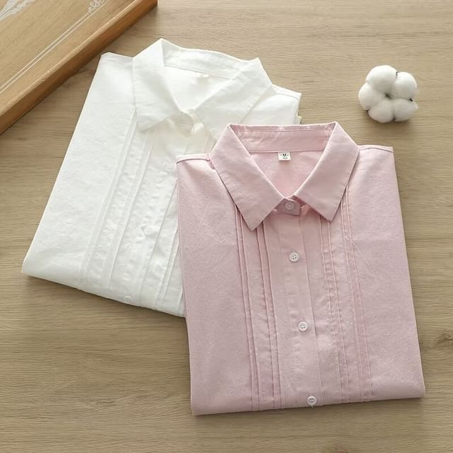 PANDAGO-Long Sleeve Collared Plain Pintuck Shirt