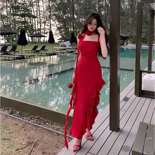 navy blue dress for baby girl Romantic Asymmetric Drape Warp Slit Midi Dress main image 1