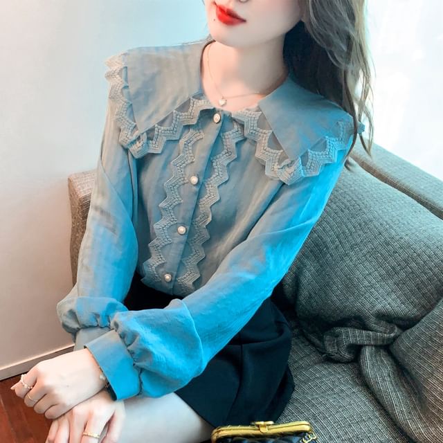 Dragan Pulse-Long-Sleeve Peter Pan Collar Plain Lace Trim Button-Up Blouse