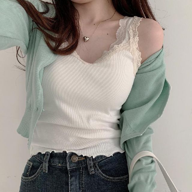 Glotto-Lace Trim Ribbed Camisole Top