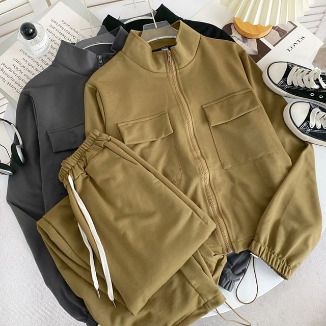 Iasia-Set Stand Collar Plain Drawstring Zip Jacket Drawstring Waist Wide Leg Sweatpants