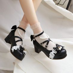 Lolita Smile - Strappy Bow Accent Block Heel Mary Jane Shoes