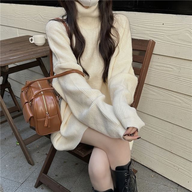 Shinsei-Turtleneck Plain Ribbed Oversized Sweater