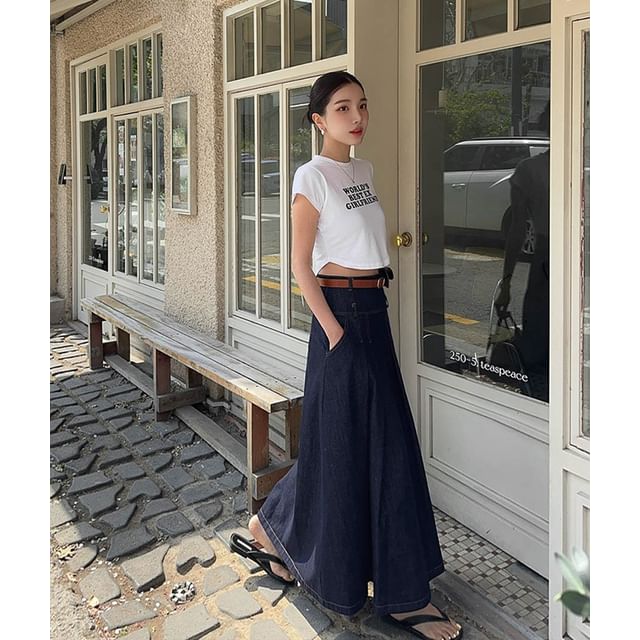 DABAGIRL Tucked Flared Long Denim Skirt YesStyle