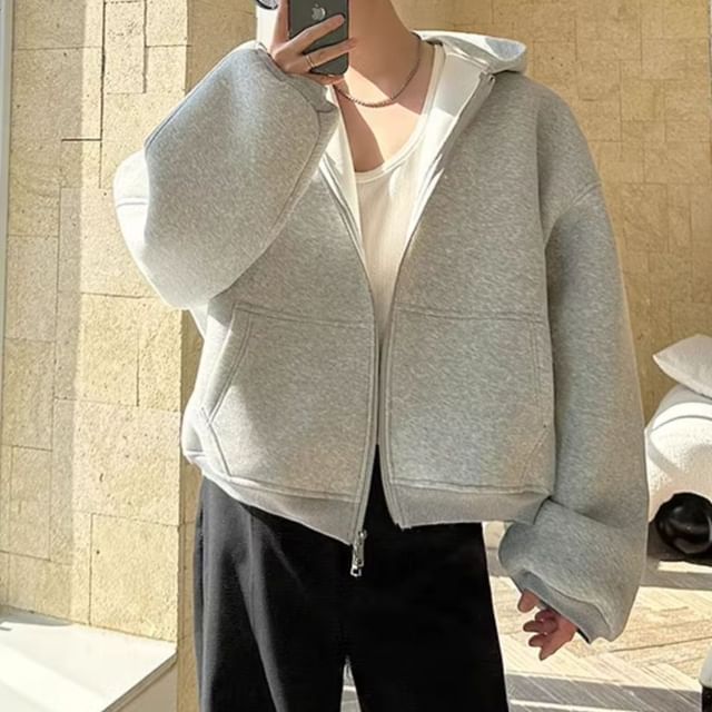 Omozando-Plain Crop Zip-Up Hoodie