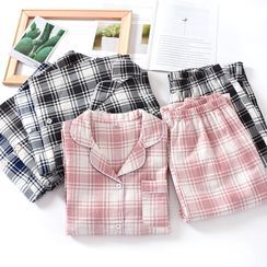 MelMount - Couple Matching Pajama Set: Plaid Shirt + Lounge Pants