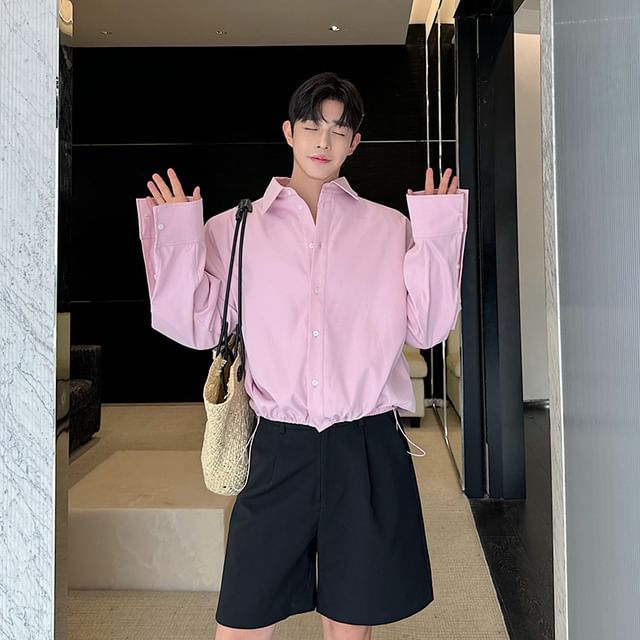 Patow-Long Sleeve Collared Plain Drawstring Shirt