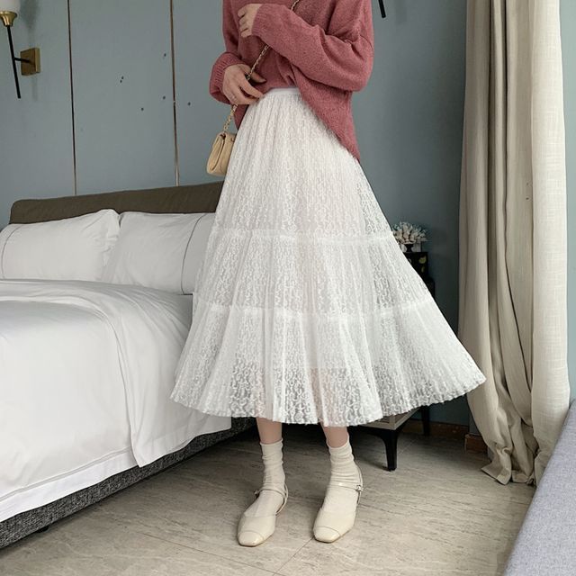Everose-Sheer Pane Midi A-Line Skirt