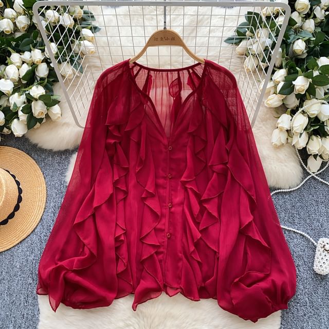 Lucuna-Long-Sleeve V-Neck Plain Ruffle Trim Blouse