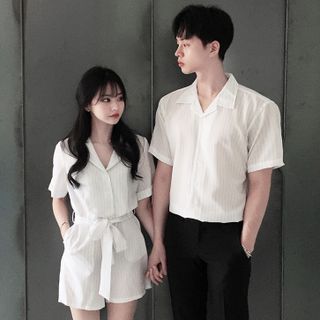 NoonSun Couple Matching Short Sleeve Shirt Dress Pants