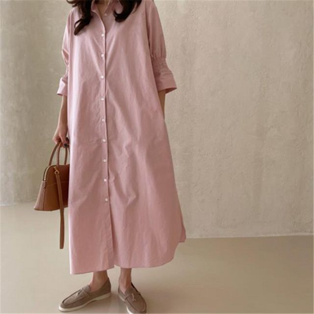 knee length dresses for ladies Modest Beige Loose Midi Shirt Dress with Long Sleeves