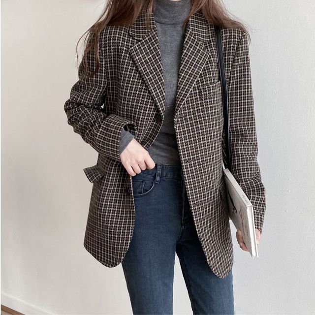 Jesong-Plaid Woolen Blazer