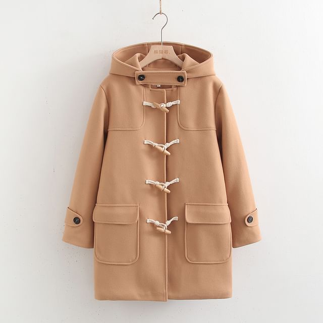PANDAGO-Plain Hooded Toggle Long Coat