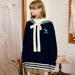 rolarola - Sailor-Collar Contrast-Trim Cable-Knit Sweater